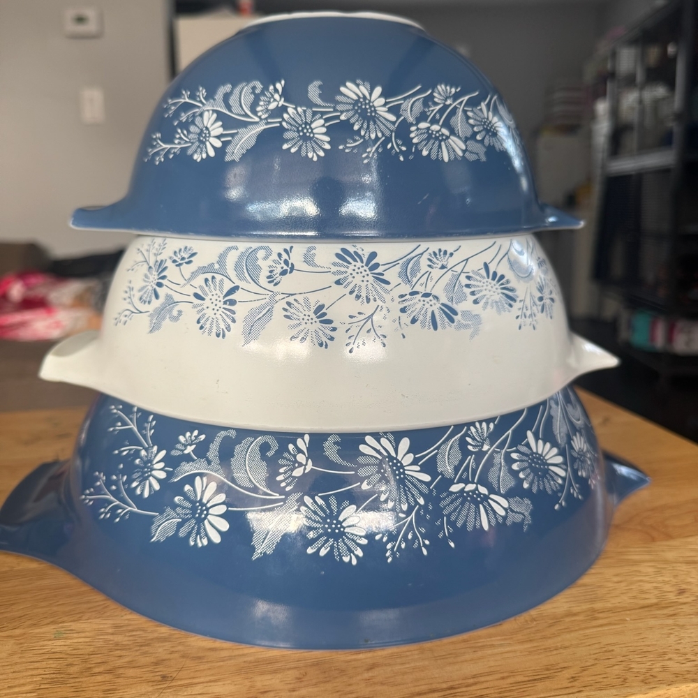 Pyrex Blue and White Floral Mixing Bowls